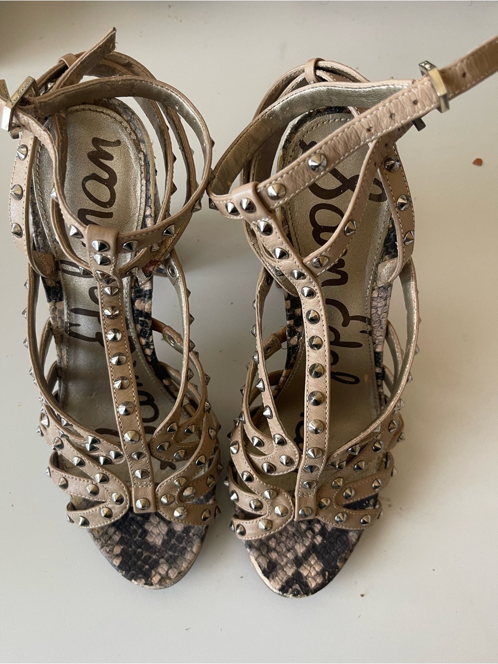 Sam Edelman Nude/Beige Studded Strappy Heels with Snake-Print Footbed